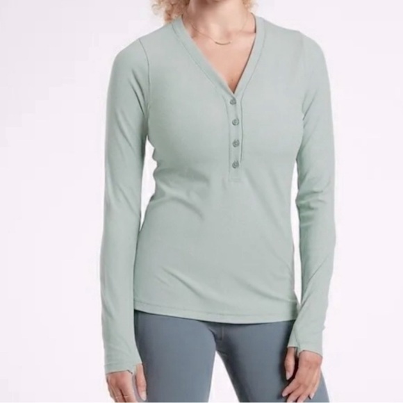 Athleta Uptempo Ribbed Henley Top Size Large Gray‎ Green - Picture 1 of 10